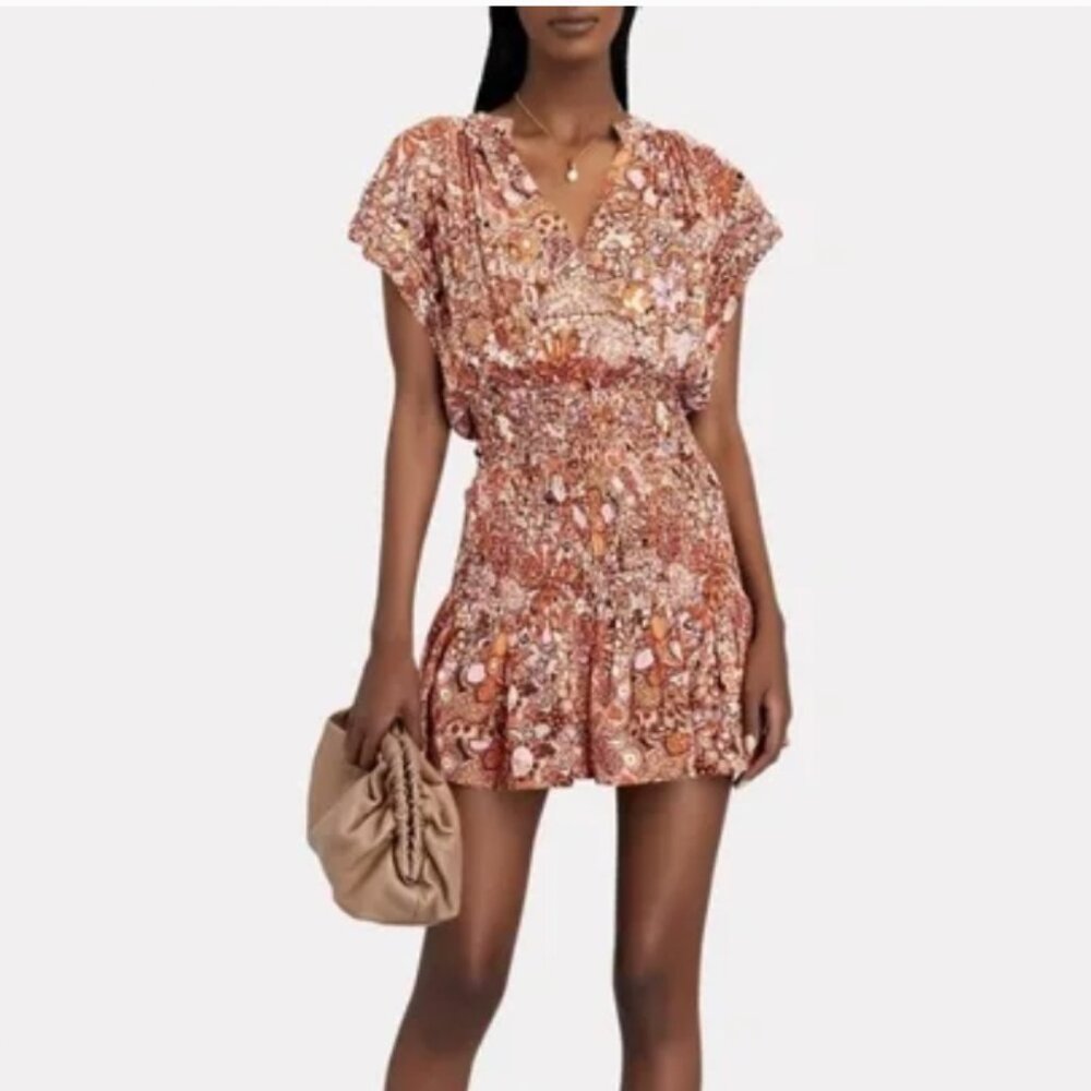 A.L.C. Carly Smocked Print Silk Mini Dress, Size 2